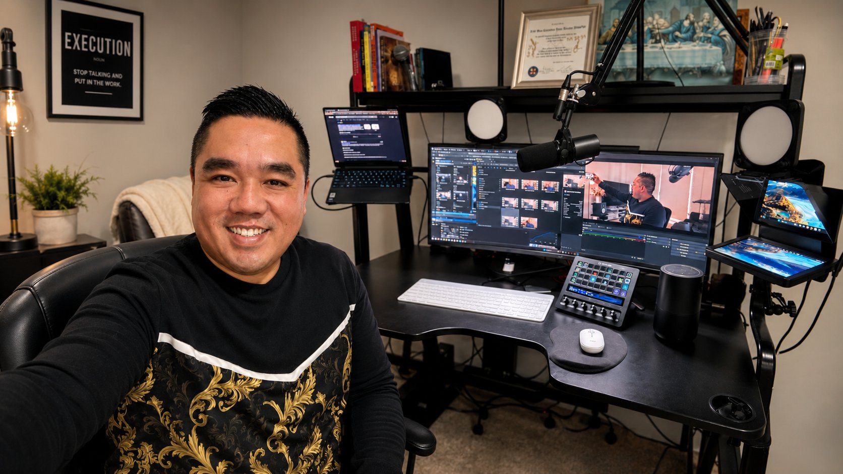 Christian smiling in his streaming studio, editing a video at his desk