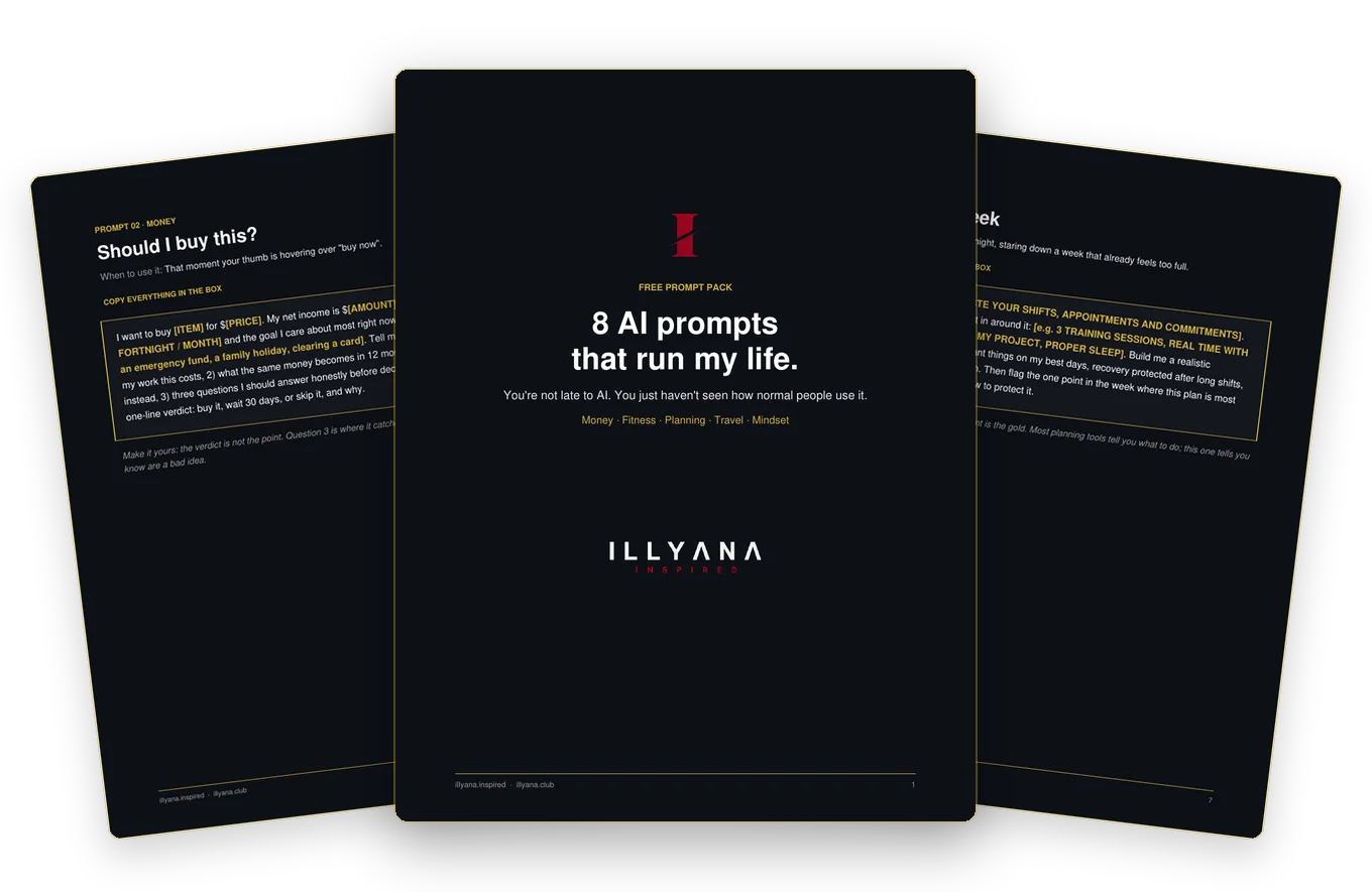 Three real pages from the free 8 AI prompts pack